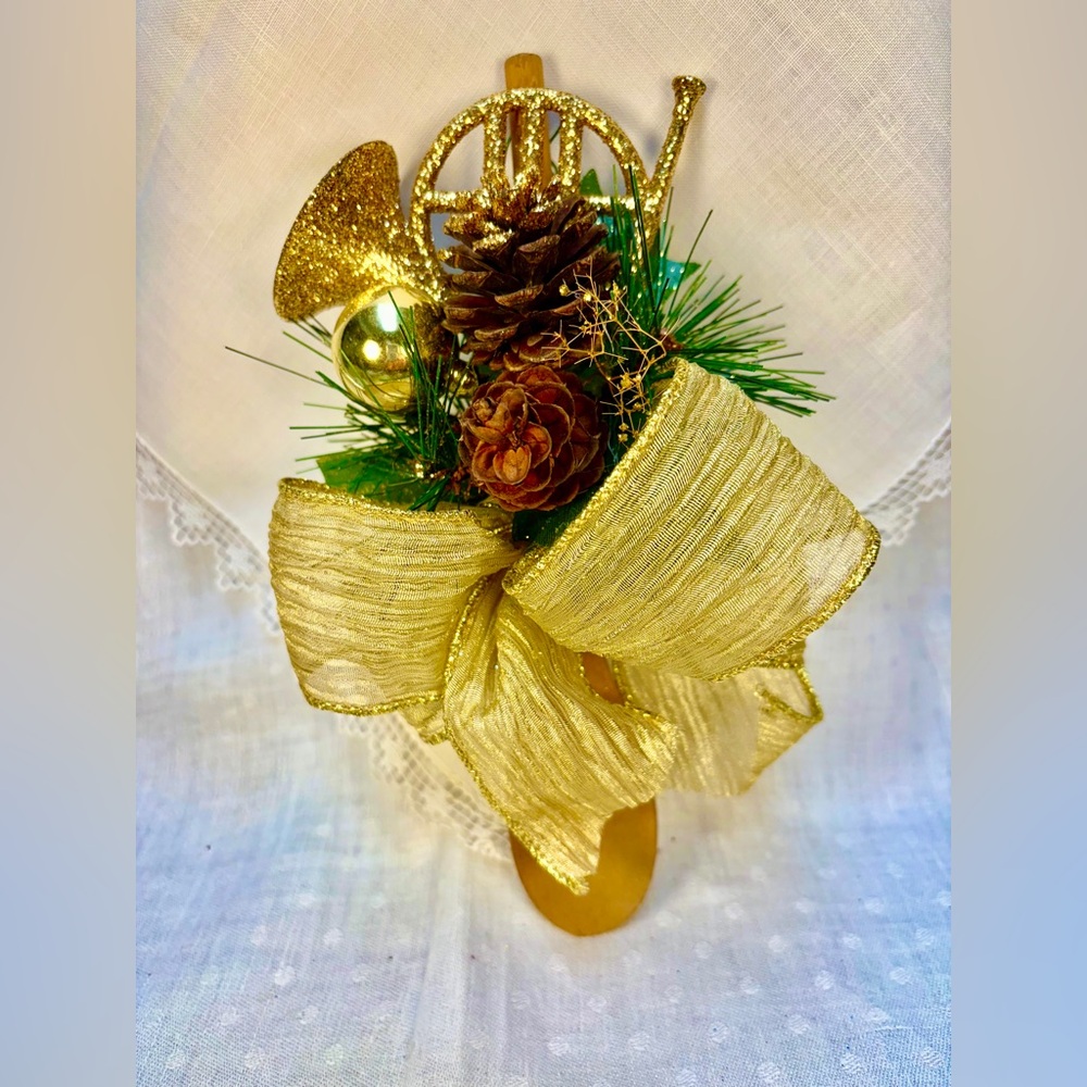 Handcrafted Holiday Decor Wall/Door Hanger French Horn Pine Cones Gold Bow